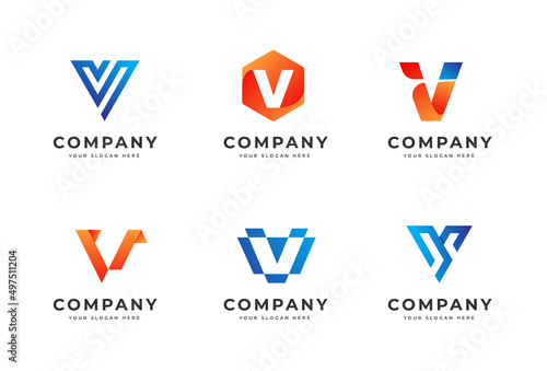 Big bundle set of colorful letter v logo design. Vector design element, with variety v logo gradient style element, business sign, logos, identity, vector illustrations.
