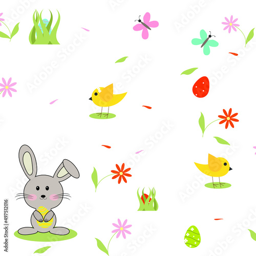 Cute hand drawn easter seamless pattern, colorful spring background with bunnies, easter eggs, flowers, butterflies - great for textiles, banners .