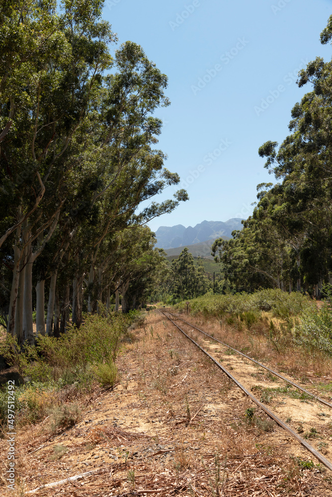 Sir Lowrys Pass, Western Cape, South Africa. 2022. Single track railway close to Sir Lowrys Pass village Sir Lowrys Pass, Western Cape, South Africa. 2022. Single track railway close to Sir Lowrys Pass village