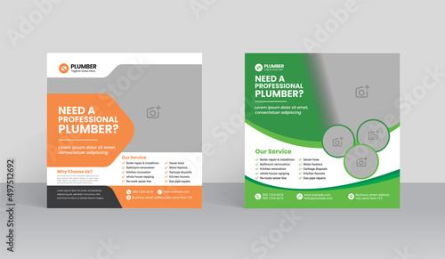 Plumbing service social media post design. Professional plumbing service flyer poster template.