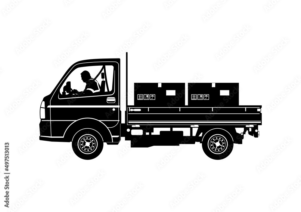 Silhouette of light commercial vehicle with driver. Side view. Vector.
