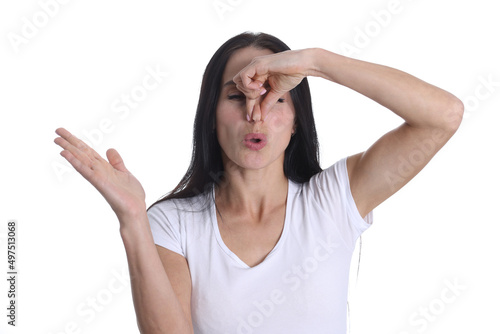 Foto Woman closes nose from bad smelly smell