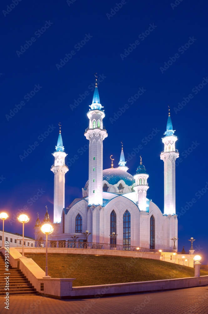 Kazan Kremlin illuminated at night. Kul-Sharif Mosque. Russia. Tatarstan.