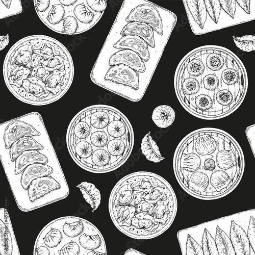 Dumplings seamless pattern. Hand drawn vector illustration. Food sketch background.