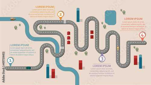 Business workflow roadmap, infographic flat lay style,  in 16:9 wide, HD format on colorful city design background with 4 check points