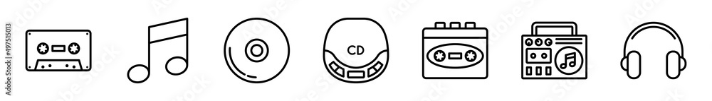 Of Vector Icons Related To Music. CD, Audio Cassette, Tape Recorder, Player, Headphones, Magnetic Tape, CD Player. Vintage Style for Web Interface, Applications Of Vector Icons Related To Music. CD, Audio Cassette, Tape Recorder, Player, Headphones, Magnetic Tape, CD Player. Vintage Style for Web Interface, Applications