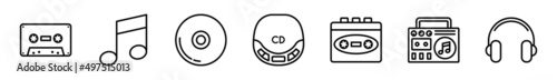Of Vector Icons Related To Music. CD, Audio Cassette, Tape Recorder, Player, Headphones, Magnetic Tape, CD Player. Vintage Style for Web Interface, Applications