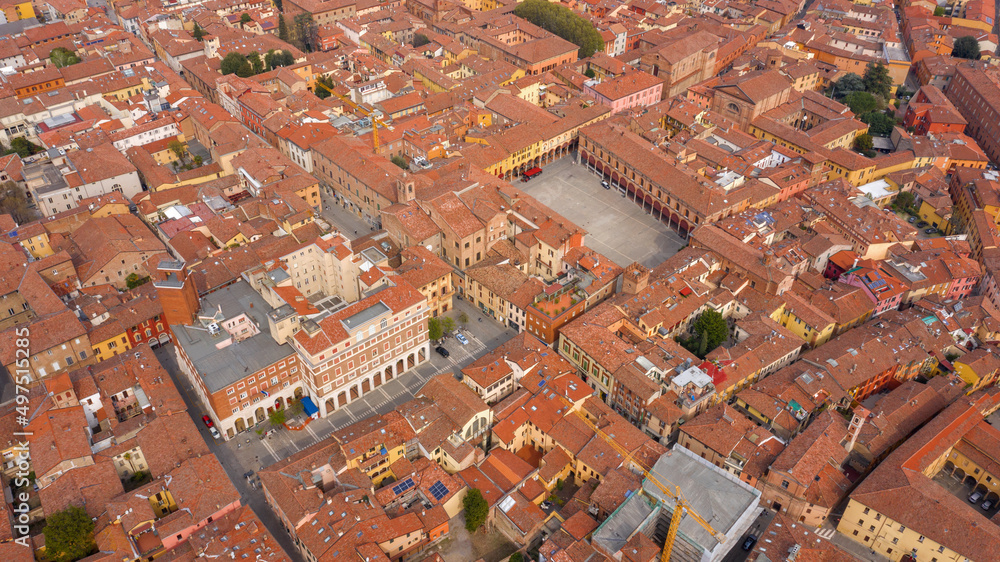 Aerial view of Matteotti square in the historic center of Imola, in Emilia-Romagna, Italy.
