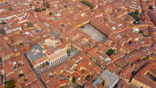 Aerial view of Matteotti square in the historic center of Imola, in Emilia-Romagna, Italy.