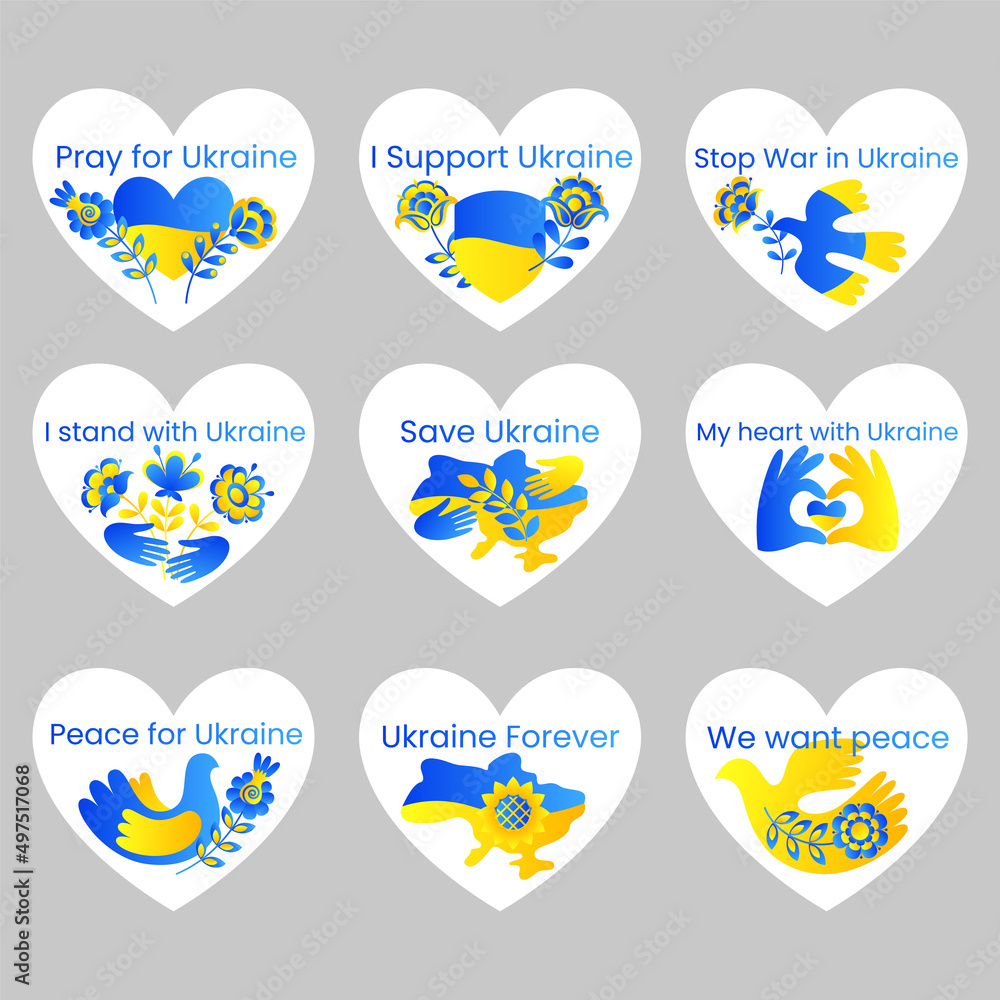 Icons on the theme of the war in Ukraine. Set of vector icons heart shaped with inscriptions about war and peace in the yellow and blue colors of the Ukrainian flag on a white background. Icons on the theme of the war in Ukraine. Set of vector icons heart shaped with inscriptions about war and peace in the yellow and blue colors of the Ukrainian flag on a white background.