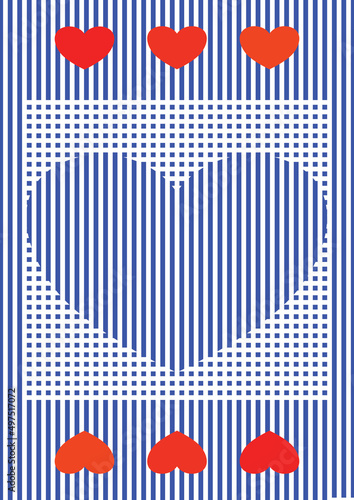 Motif géométrique à base de cœurs bleu et rouge sur fond de lignes bleues