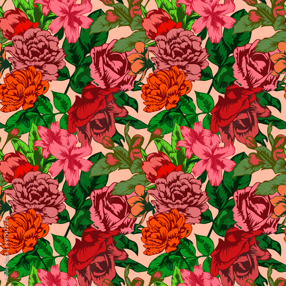 Seamless pattern with blooming flowers at the garden