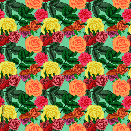 Seamless pattern with blooming roses at the garden