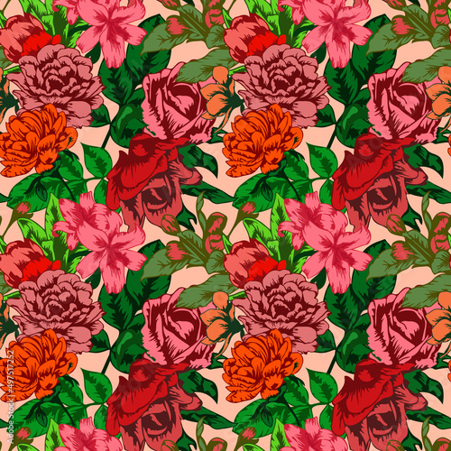 Seamless pattern with blooming flowers at the garden