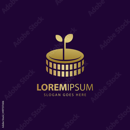 golden money grow investment logo design combined coin leaf sprout vector icon illustration