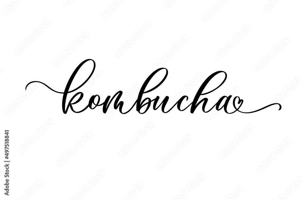 Kombucha hand drawn vector lettering. Kombucha healthy fermented probiotic tea. Design for banner, poster, logo, sign, sticker, web, blog.
