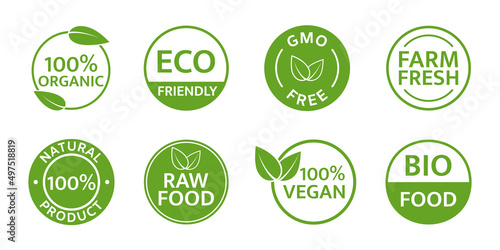 Eco friendly, bio logo set. Organic icon. Vegan ecology product stamp. Nature fresh food. Vegetarian plant badge. Quality sign. Healthy premium emblem. Green leaf. Ecology market. Vector illustration