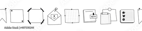 Seamless border of hand-drawn memo notepads outline. Doodle Blank square sheets of paper for notes. Various types of envelope with pins, clips, stickers, tape. Vector of sketch reminders isolated.