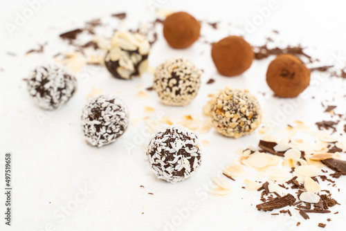 Chocolate candies collection. Beautiful Belgian truffles isolated on white background