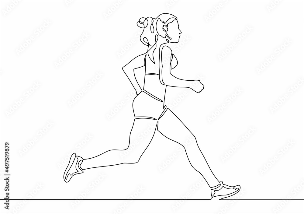 Fototapeta premium Continuous line drawing. Sport running woman on white background. Vector illustration