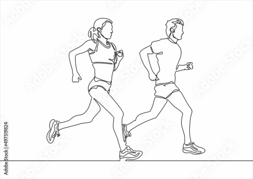 continuous single drawn one line man and woman on a run. character woman and man running around