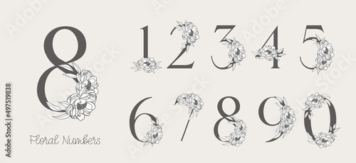 Flower ornate numbers. Elegant floral blossom number, floral sprigs date and numeric monogram.