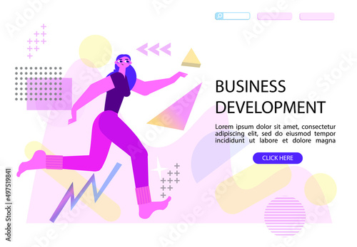 Woman running to her goal. Memphis geometric shapes background. Business development, career success or growth and opportunity, startup banner, landing page. Creative trendy flat character. Vector
