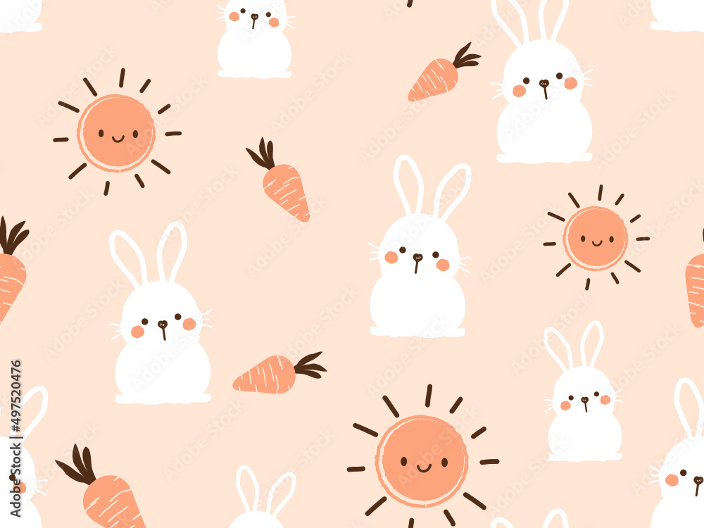Seamless pattern with rabbits, carrots and sun cartoons on orange background vector illustration.