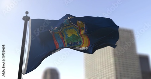 New York state waving flag on blurry background, USA state news illustration. Blurry background