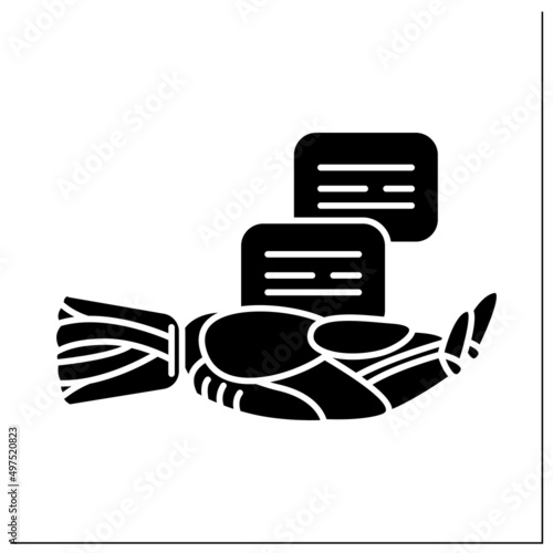 Voice to text glyph icon. Robot hand and message. Automatic speech to text processing technology.Filled flat sign. Isolated silhouette vector illustration