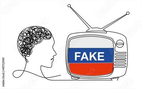 Continuous line drawing of  TV with Russian fake news. Propaganda coming from the TV to the Russian people.