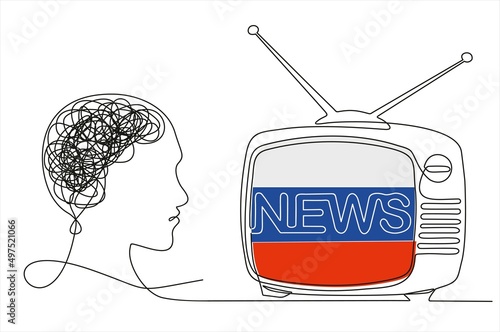 Continuous line drawing of  TV with Russian fake news. Propaganda coming from the TV to the Russian people.