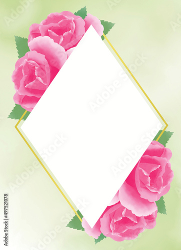 Pink roses invitation card template on green watercolor textured