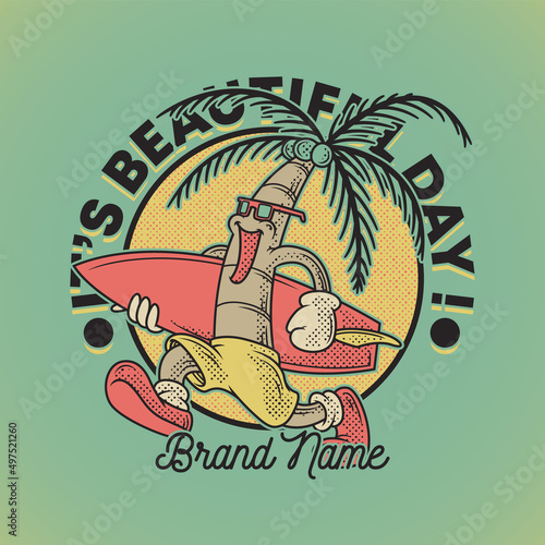 Canvas Print Cartoon emblem of coconut tree going to surfing with retro style