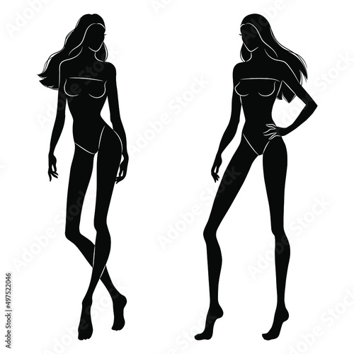 The black silhouettes of the female bodies. Female fashion figure templates. Beautiful women isolated on white background.