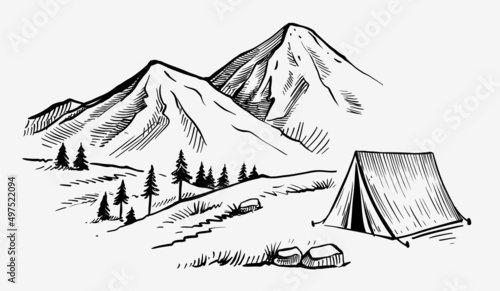 Tourist tent in the mountains. Camping in nature