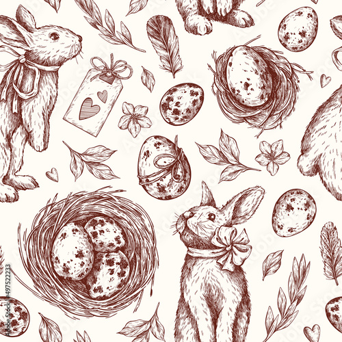 Easter seamless pattern in engraving style. Rabbits, Easter eggs spotted, nest with eggs, tag, leaves, feathers. Vintage vector hand drawn. Texture for fabric, wrapping paper, textile, background