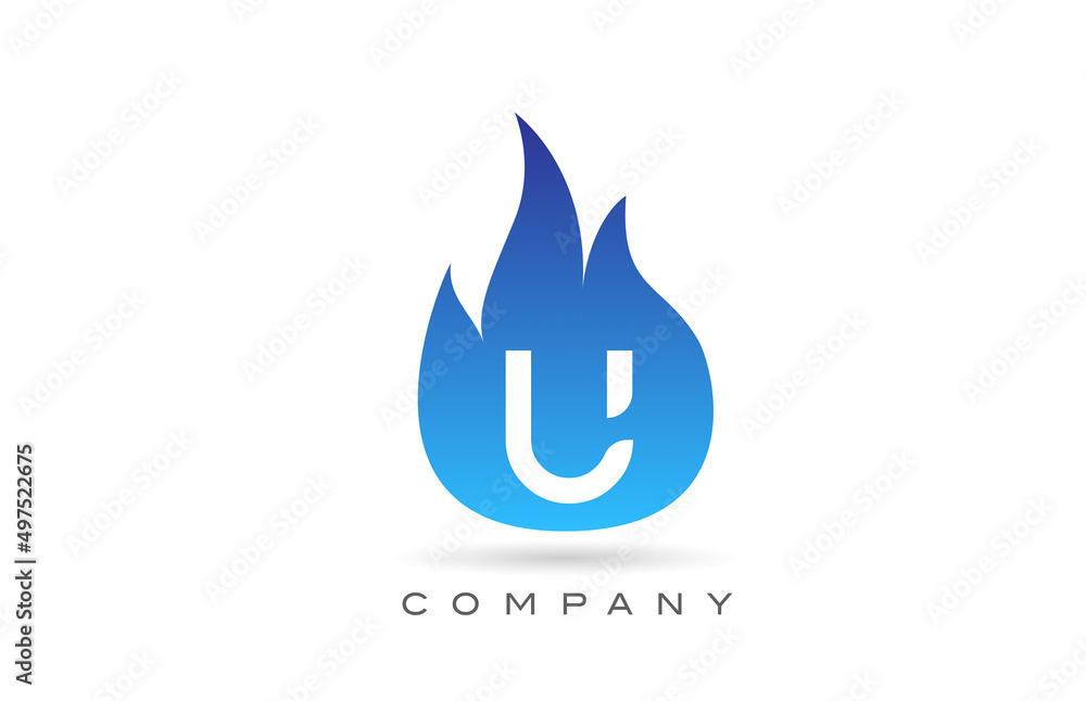 U blue fire flames alphabet letter logo design. Creative icon template for company and business U blue fire flames alphabet letter logo design. Creative icon template for company and business
