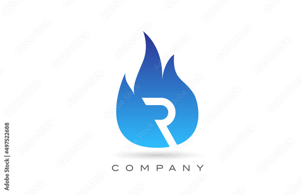 R blue fire flames alphabet letter logo design. Creative icon template for company and business R blue fire flames alphabet letter logo design. Creative icon template for company and business
