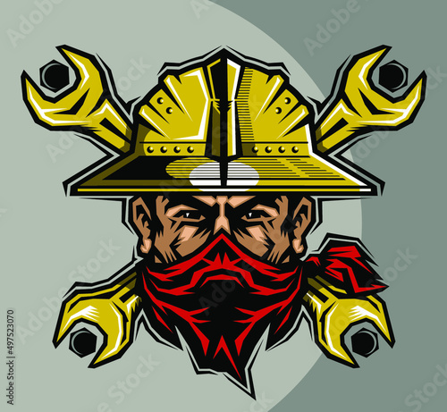 roughneck oil rig outlaw wearing bandana and crossed wrenches with bolts