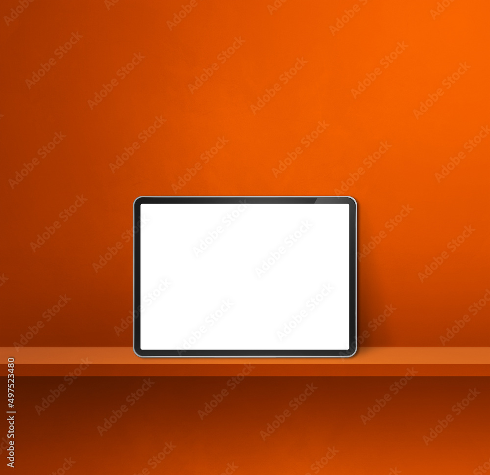 Digital tablet pc on orange wall shelf. Square background banner Digital tablet pc on orange wall shelf. Square background banner