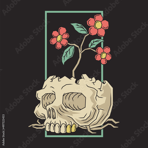 Retro illustration of flowers emerging from a skull head