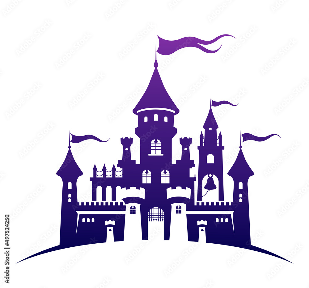 Castle silhouette standing on the hill. Abstract fairy tale fortress. Cartoon vector illustration.