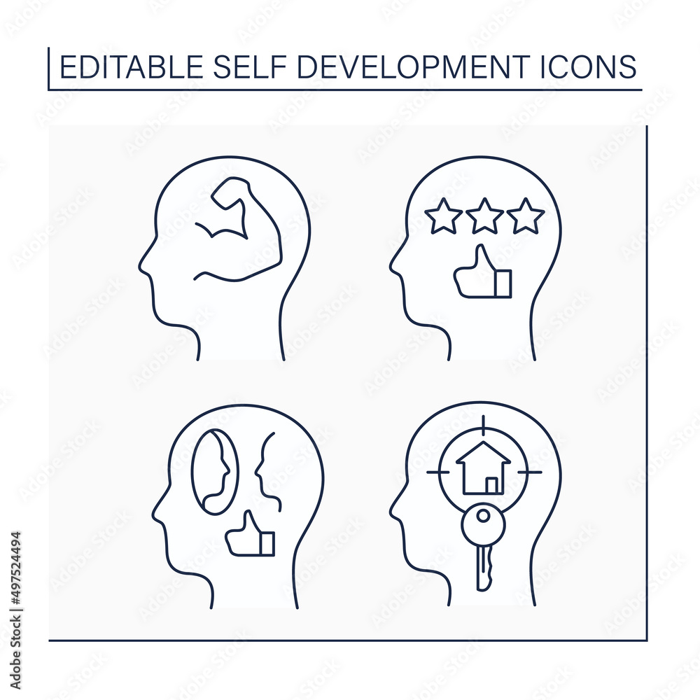 Self-development line icons set. Self-efficacy, self-confidence, creative visualization and affirmations. Achieving goals. Improving concept. Isolated vector illustrations. Editable stroke Self-development line icons set. Self-efficacy, self-confidence, creative visualization and affirmations. Achieving goals. Improving concept. Isolated vector illustrations. Editable stroke
