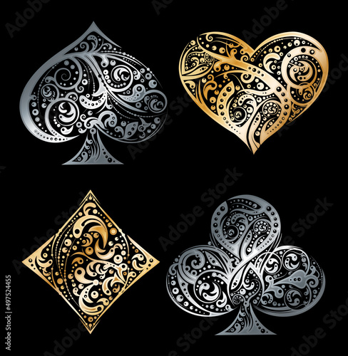 Set of four  playing card suit symbols made by floral elements. Vintage stylized illustration in silver and golden colors on black background. For print, computer icon, emblem, gambling design