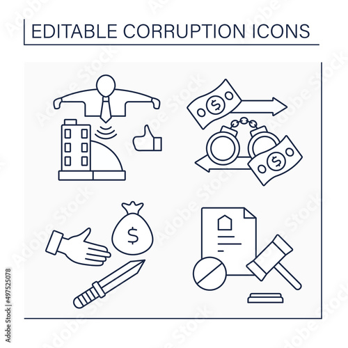 Corruption line icons set. Lobbying, extortion, debarment, illicit financial flows. Crime actions. Illegal acts concept. Isolated vector illustration. Editable stroke
