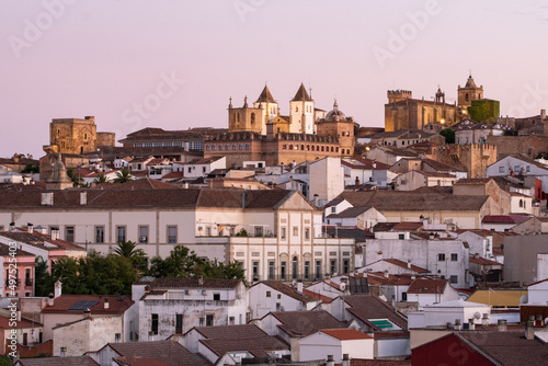 Panoramic view at night of the old town of Caceres, World Heritage Site by UNESCO, Extremadura, Spain
