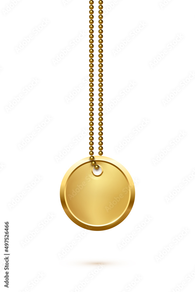 Empty round golden military or dogs badge hanging on steel chain. Vector army object isolated on white background. Pendant with blank space for identification, blood type in case of death and injury. Empty round golden military or dogs badge hanging on steel chain. Vector army object isolated on white background. Pendant with blank space for identification, blood type in case of death and injury.