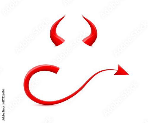 Red devil horn and tail, 3d realistic cute elements for face mask and head or costume