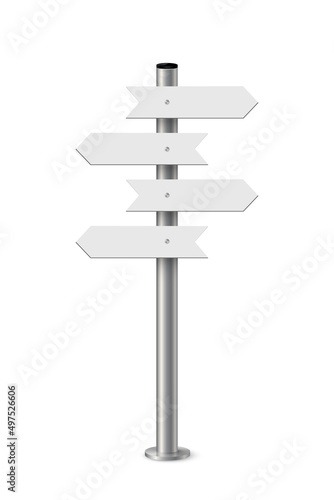 Signpost with blank direction signs on road. Metal pole with white arrow boards vector illustration. Retro steel street post isolated on white background. Simple empty crossroad banners